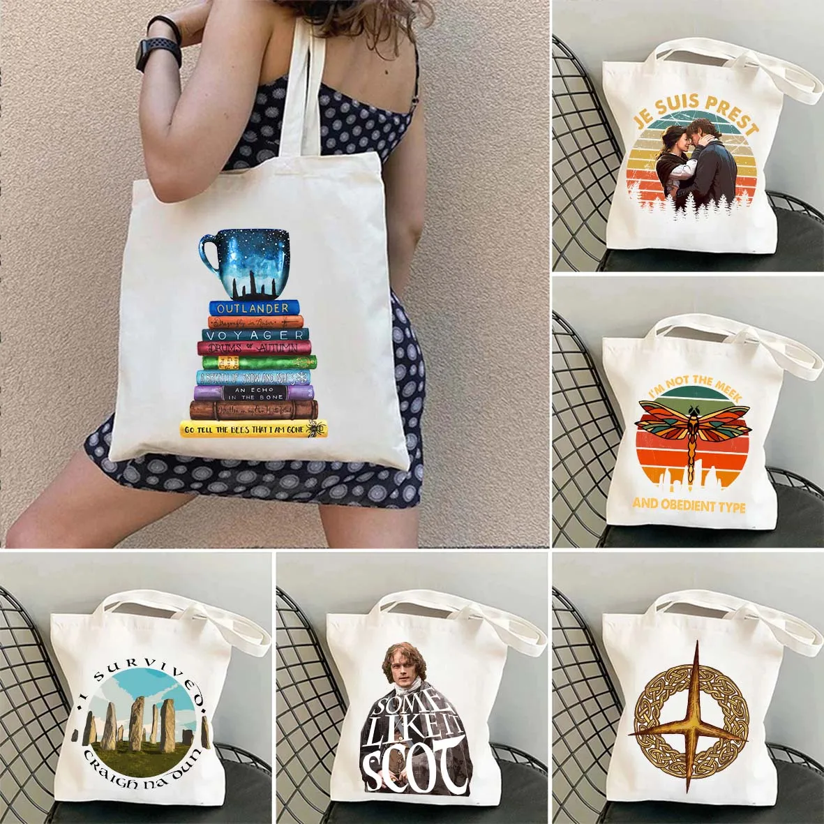 

Outlander Lover Jamie and Claire Tote Bag Women Shopper Harajuku Shopping Canvas Books School Bag Girl Handbag Shoulder Lady Bag