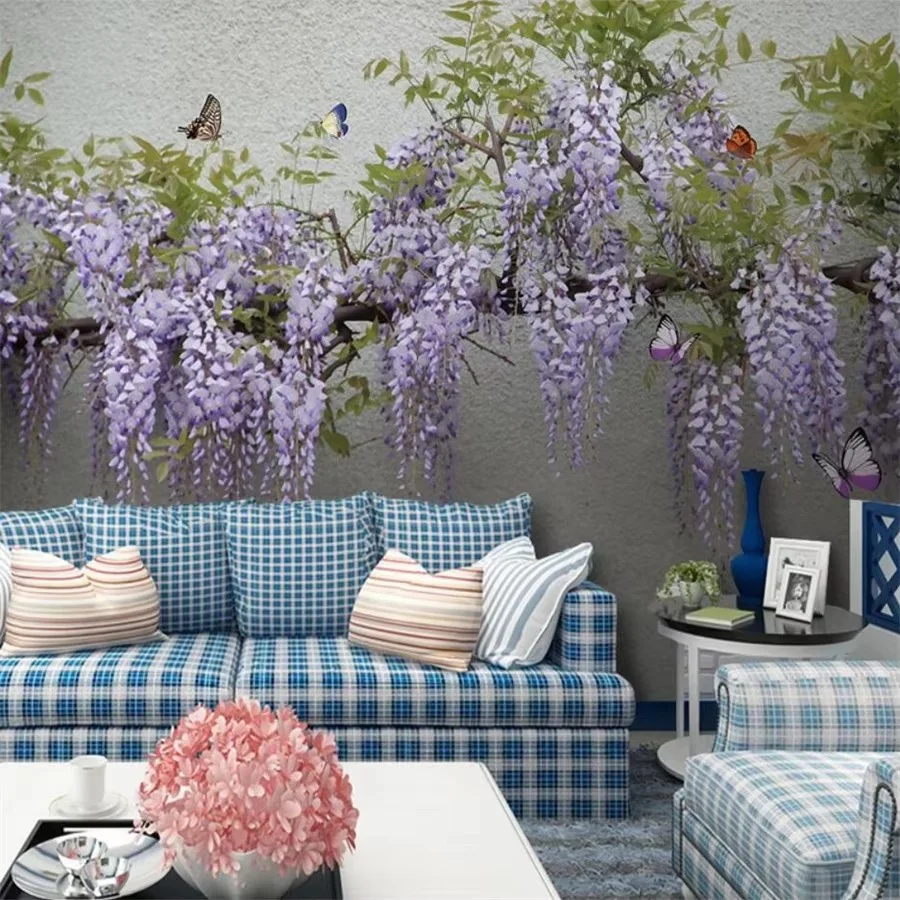 Custom wallpaper 3d mural stereo wisteria flower butterfly papel de parede sofa background wall painting wallpapers home decor