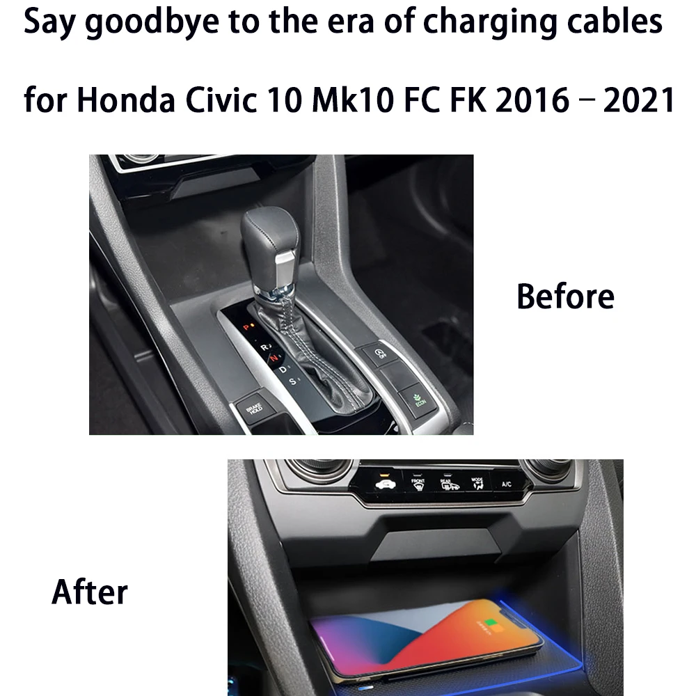 for Honda Civic 10 Mk10 FC FK 2016–2021 Center Console Storage Wireless Mobile Phone Charger QI 18W iPhone Magsafe Fast Charging