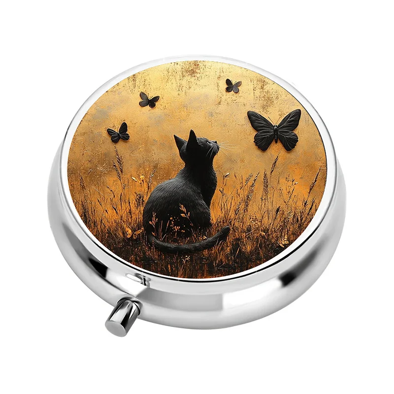 1 Cute Cat and Butterfly Themed Travel Pill Box with 3 Compartments - Portable Vitamin Box, Plastic and Metal Mini Pill Case, Suitable for Carrying with You - Unique Vitamin and Medication Gift