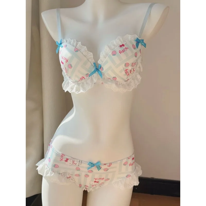 Japanese-style Cute Color-blocked Kitty Bow Lingerie, Wireless Lace Bra and Panty Set for Teen Girls, Push-up for Small Bust - view 6