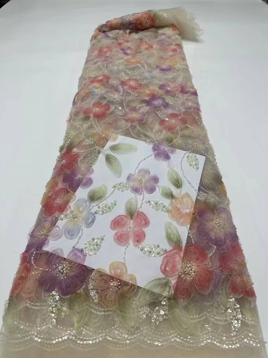 

African Lace Fabric 2025 High Quality 3D Nigerian Lace Beaded Sequins French Net Fabric 5 Yards For Sewing Party Wedding Dresses