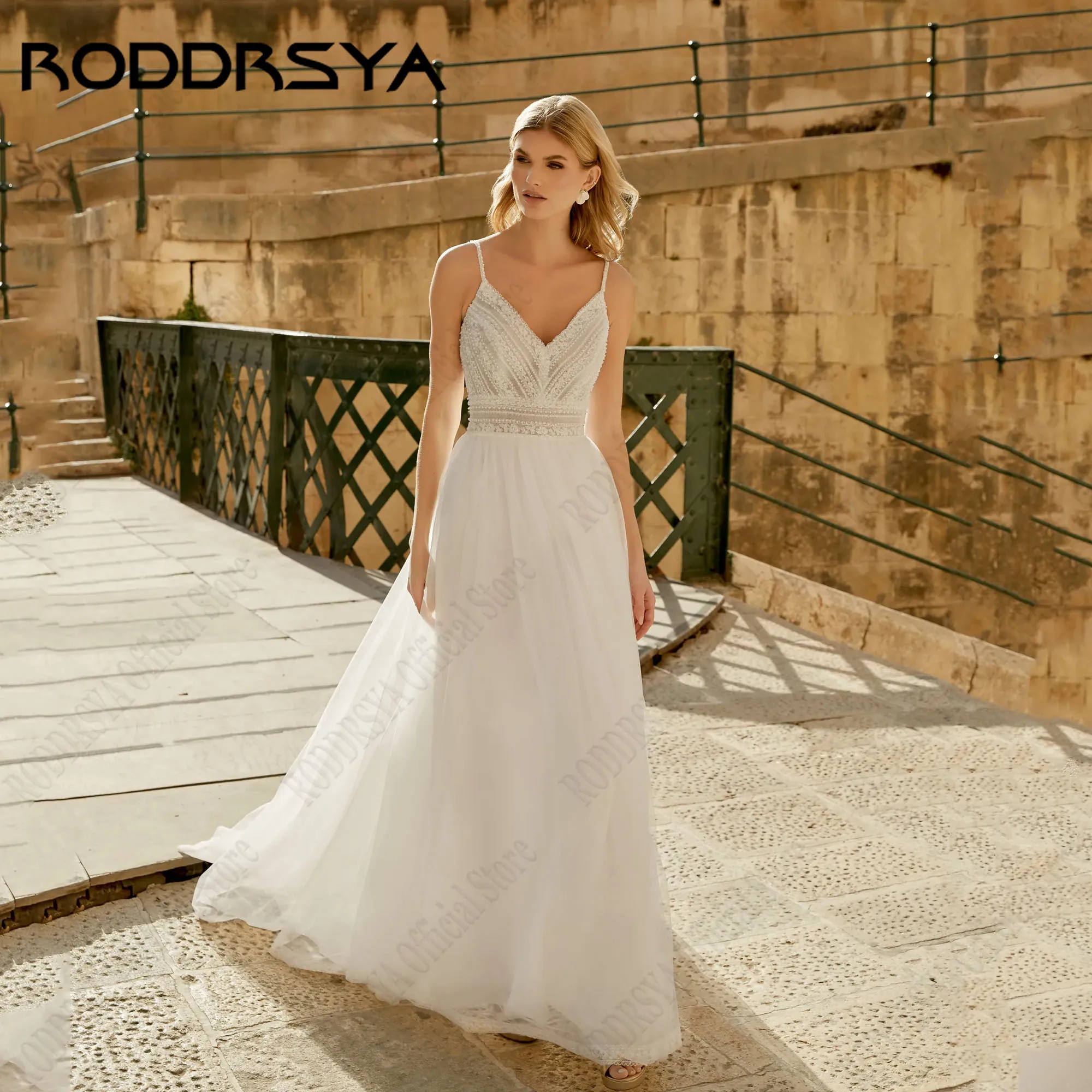 

RODDRSYA Backless A-Line Wedding Dresses V-Neck Sleeveless Appliques Illusion vestido de noiva Spaghetti Straps Gown Customized