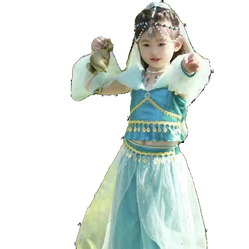 カスタマイズされた子供のインドダンスパフォーマンス衣装エキゾチックガールベリーダンス衣装ブルートップパンツ袖帽子