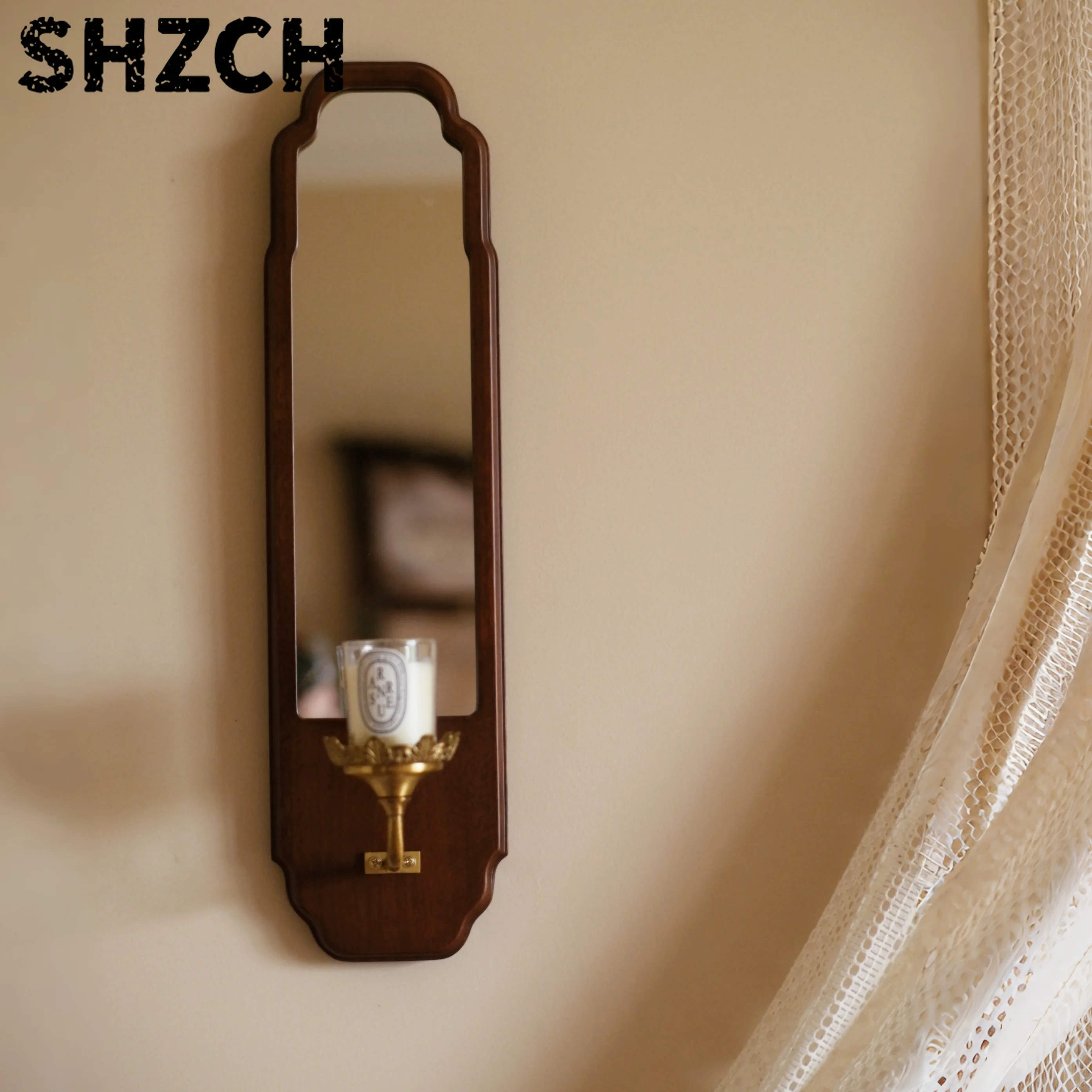 Medieval Solid Wood Mirror Brass Candlestick Living Room Bedroom Entrance Wall Decorative Mirror Candlestick