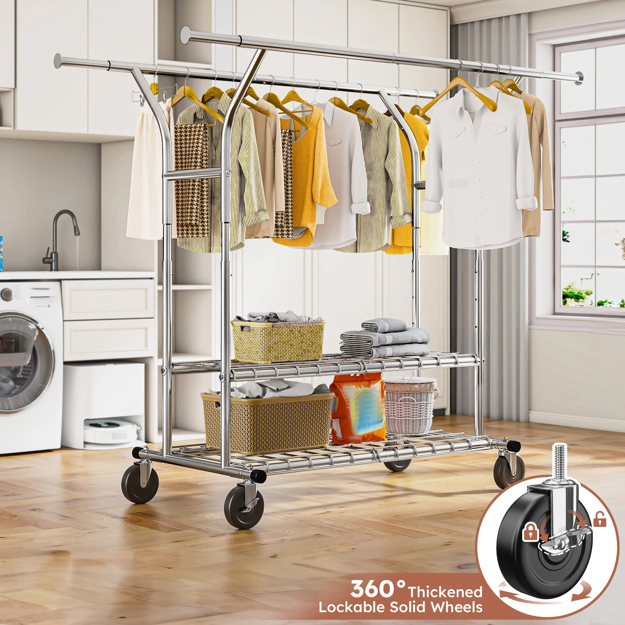 EnHomee 630 LBS Capacity Rolling Clothes Rack – 2 Extendable Rods, 2 Shelves, Height Adjustable – Space‑Saving Storage Wardrobe with Quick Snap‑Assembly for Bedroom & Closet