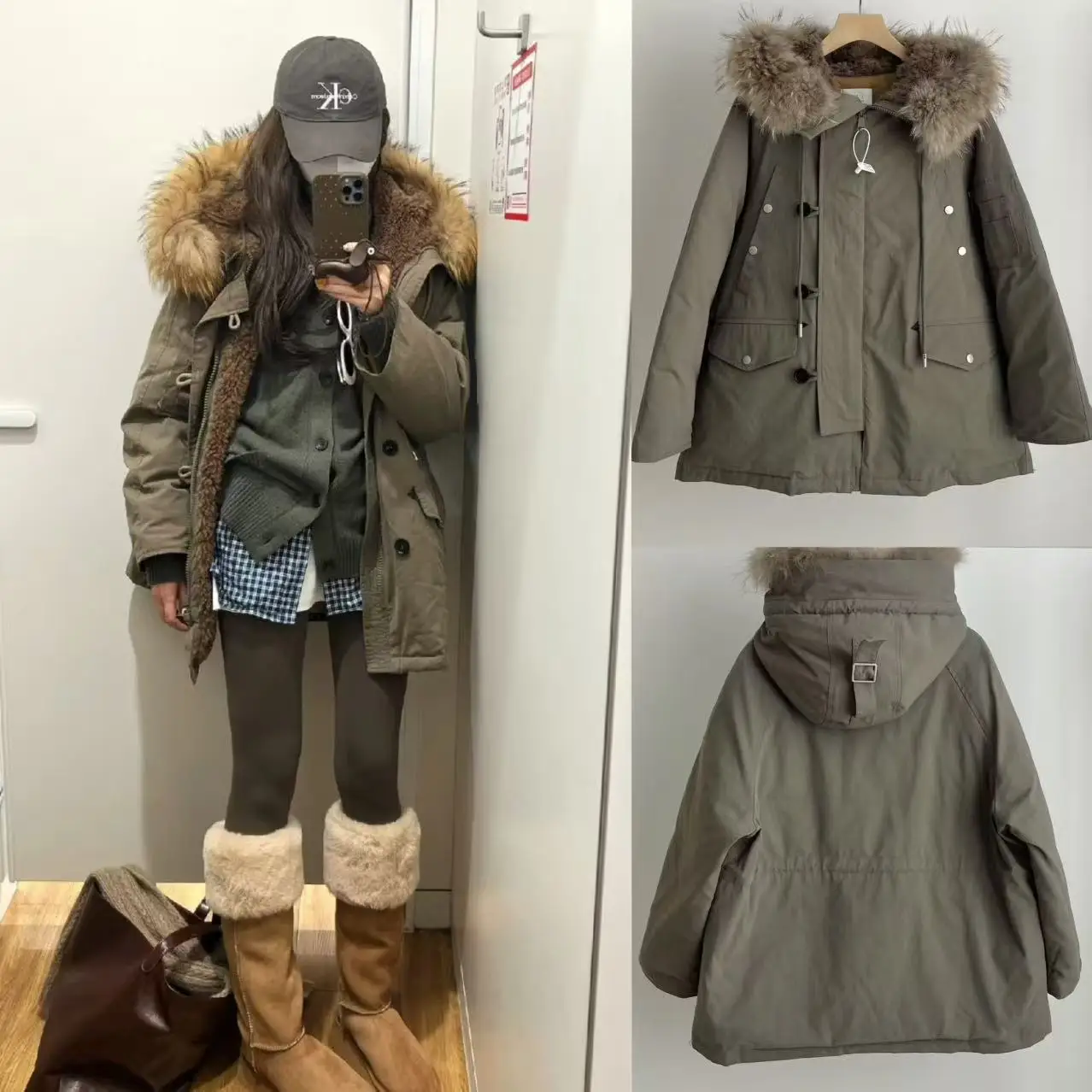 

Retro Military een Workwear Sle Hooded down Jaet Women's Puffer Coat Fake Fur Collar Lightweight Warm Du down
