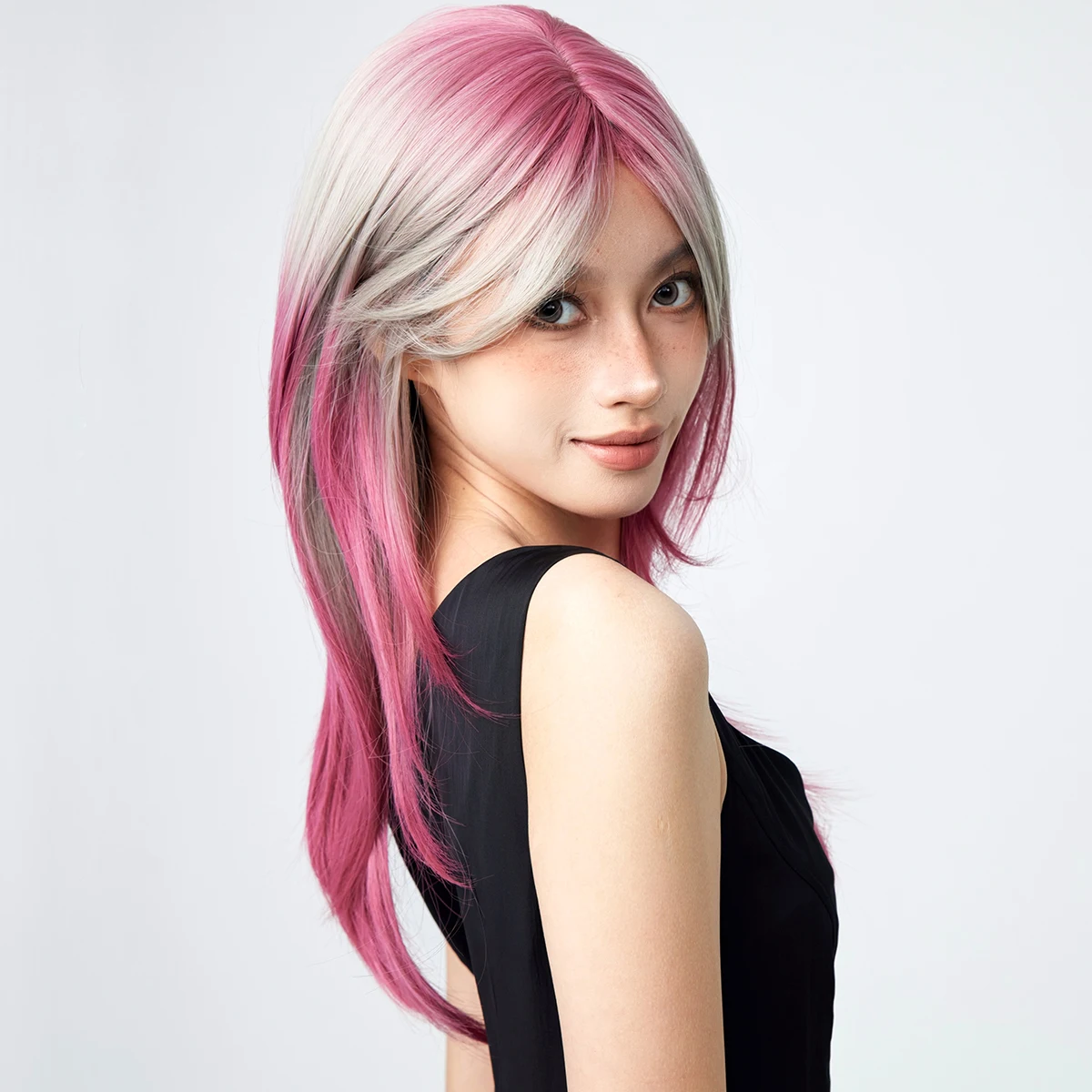 Lolita Party Pink Wig Daily Fashion Women\'s Lace Wig Grey Pink Imported High Temperature Silk Women\'s Straight Hair