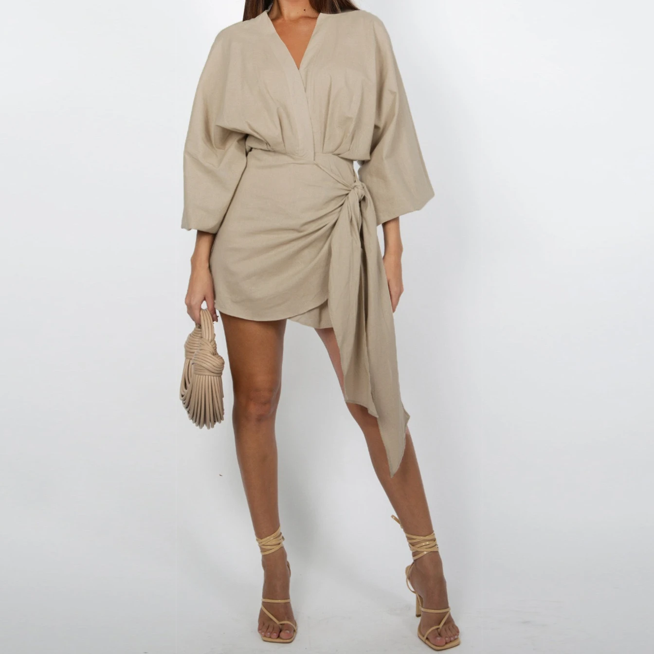 Mid Length Dress Women Dresses Sheath Vestidos Slim Fit V Neck Full Sleeve Elegant Splice Y2k High Waist Pleated 2025 Streetwear