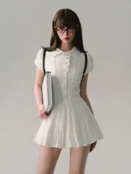 Deeptown Preppy Style Coquette Y2k Kawaii School Student Puff Sleeve Short Dresses 2024 Fashion Summer White Mini Dress Sweet