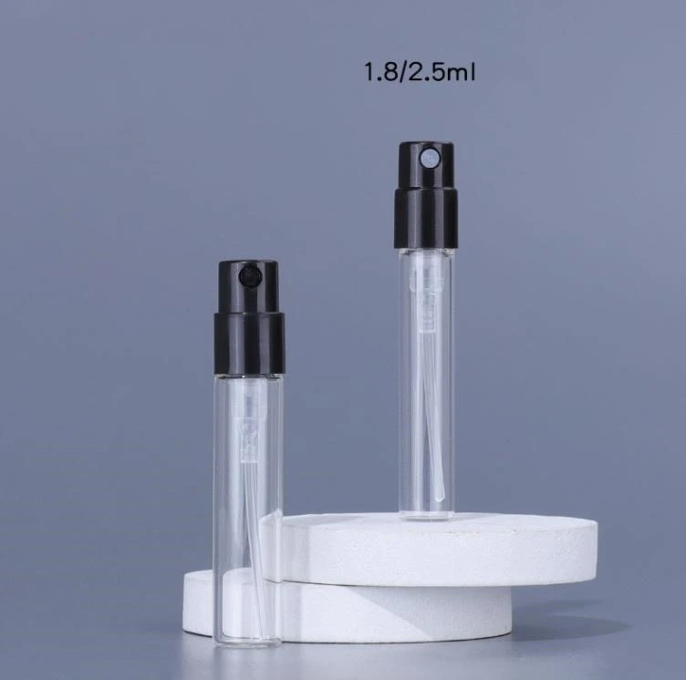 

Custom Logo 1.8ml 2.5ml Perfume Spray Bottles Sample Glass Packing Tube For Travel with Black Pump Sprayer SN1817