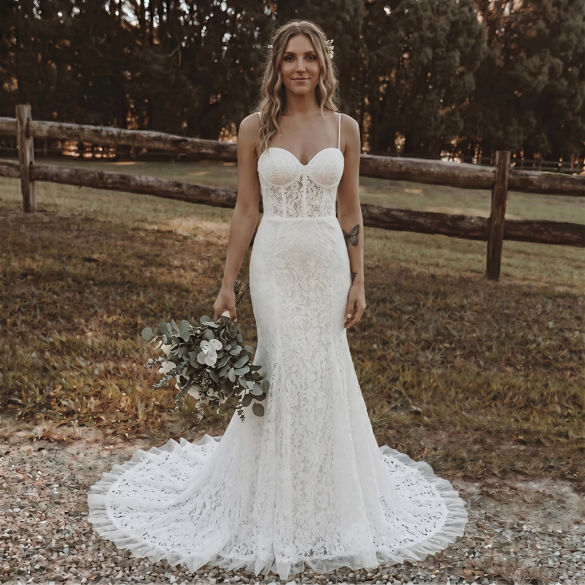 Spaghetti Strap Sweetheart Lace Mermaid Wedding Dress Corset Lace Up Back Ruffle Hem Chapel Train Bridal Gown