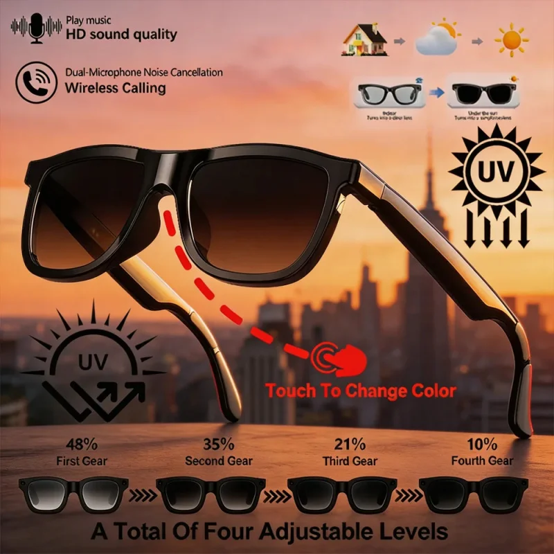 

Smart Audio Glasses Touch Control Color Changing Lens Dual Microphone Noise Reduction Super Clear Sound Bluetooth Sunglasses