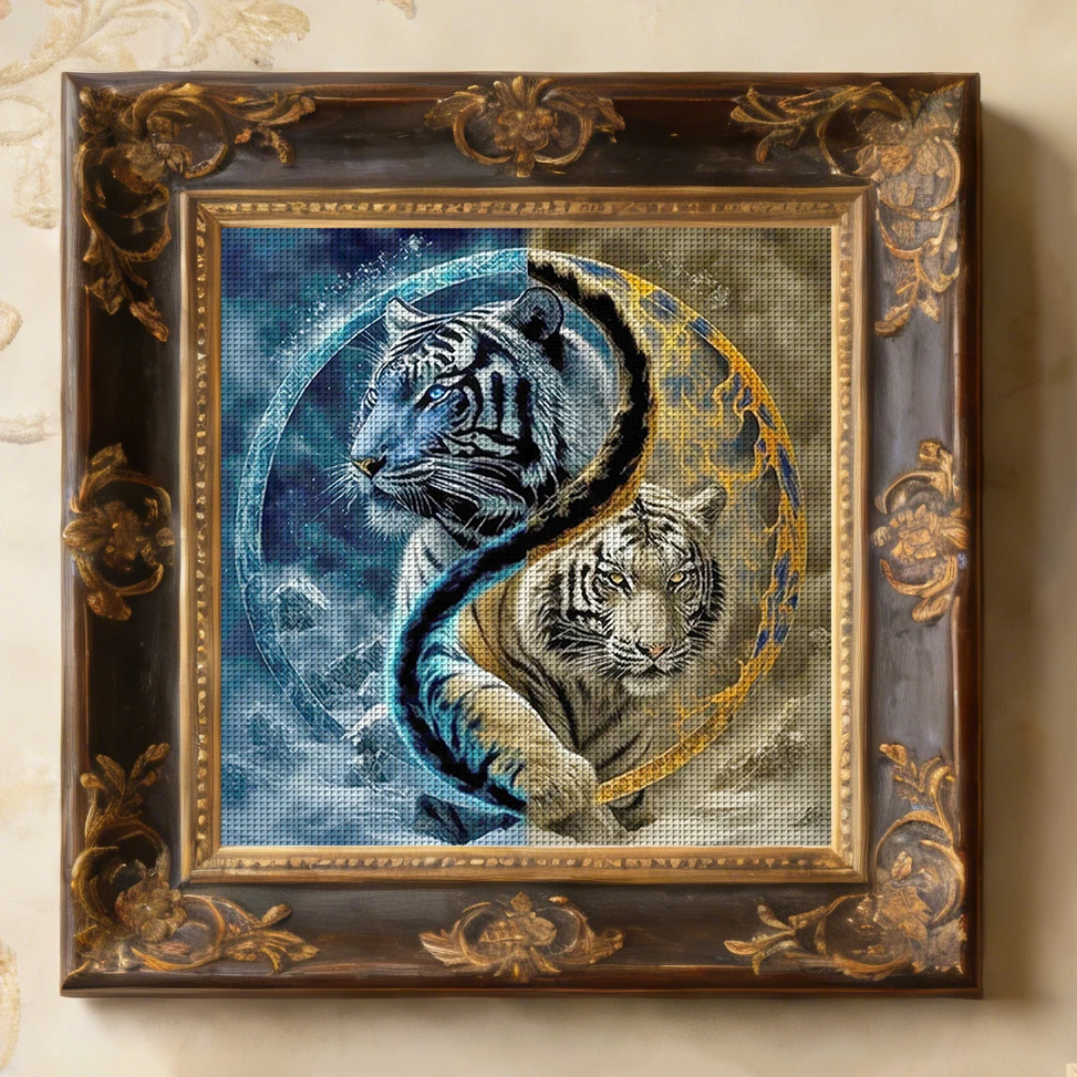1PC 36X36cm/14.17X14.17inch, 11CT Print Cross Stitch DIY Kit, Dual Tigers, Adult Beginner's Relaxed Cross Stitch