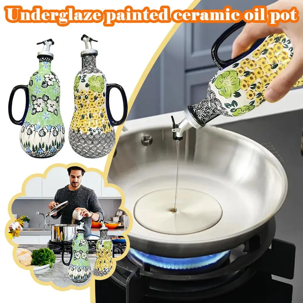 Botella de aceite de oliva de cerámica italiana bajo vidriado, no tóxica, dispensador de aceite para almacenamiento de condimentos de cocina y vinagre ecológico, F7W0