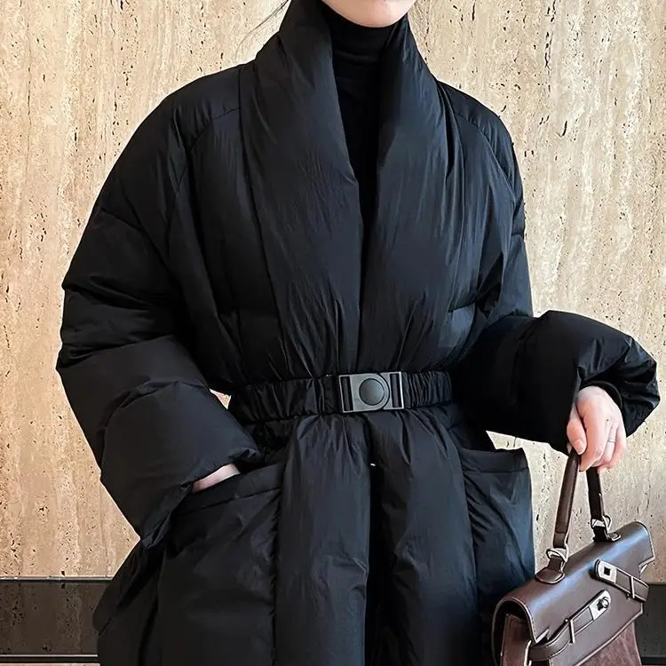 

New Chinese Sle White Du down Jaet Thiened V-Ne Waist-Cinching Mid-Length Lazy Sle Winter New Arrival