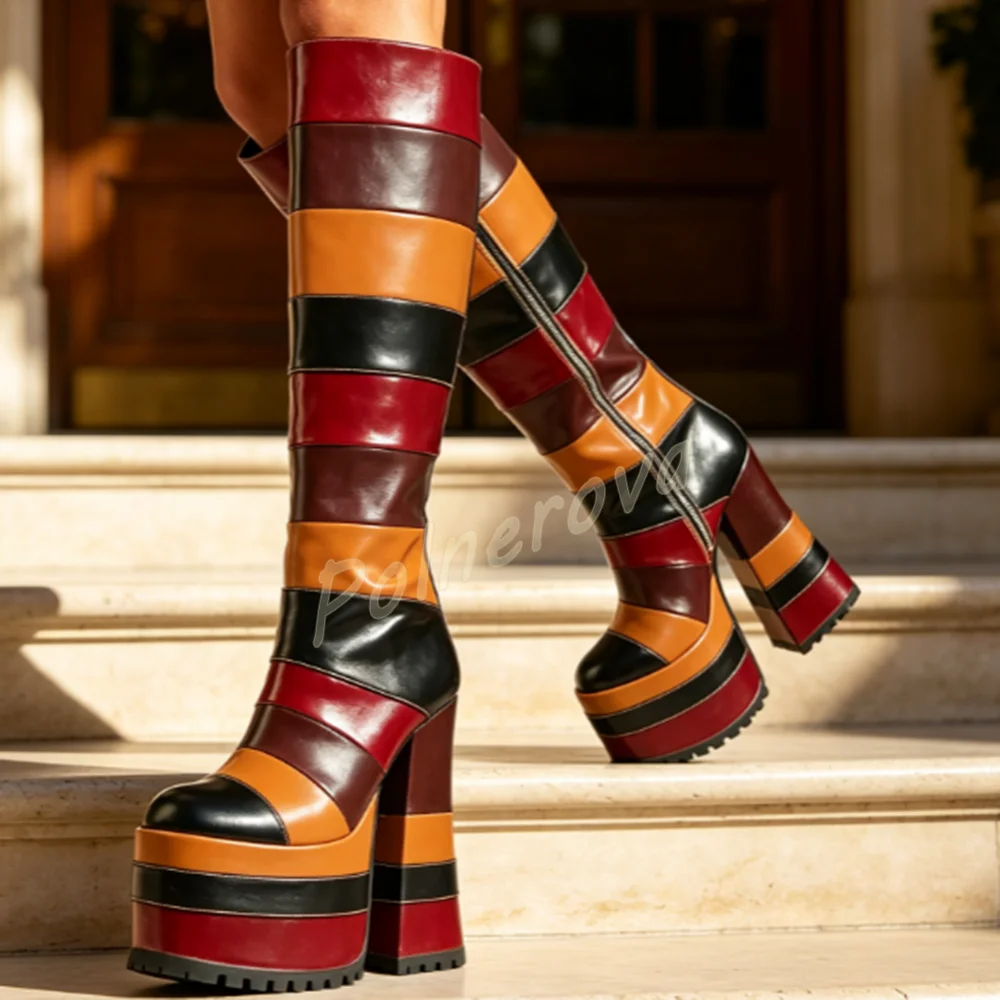 Color Block Knee High Platform Boots Multicolor Patchwork Chunky Block Heel Zip Round Toe Women Shoes Retro Party Winter Boots
