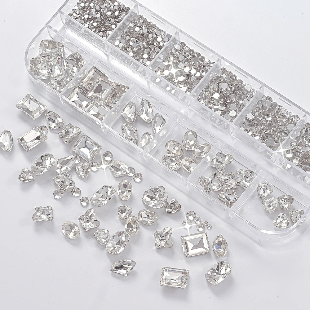12 Grids 3D Flat Round Rhinestone Nail Charm Plus Large Shaped Nail Rhinestones Nail Gemstones Rectangular Strass DIY Nail Decor