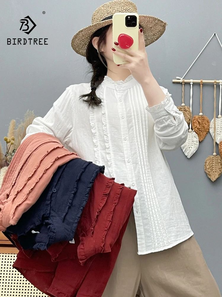 

Новая женская хлопковая блузка с длинным рукавом на весну 2026 года, с воротником-стойкой, оборками и пэчворком, в стиле Mori Girl, свободного кроя, T61754CC