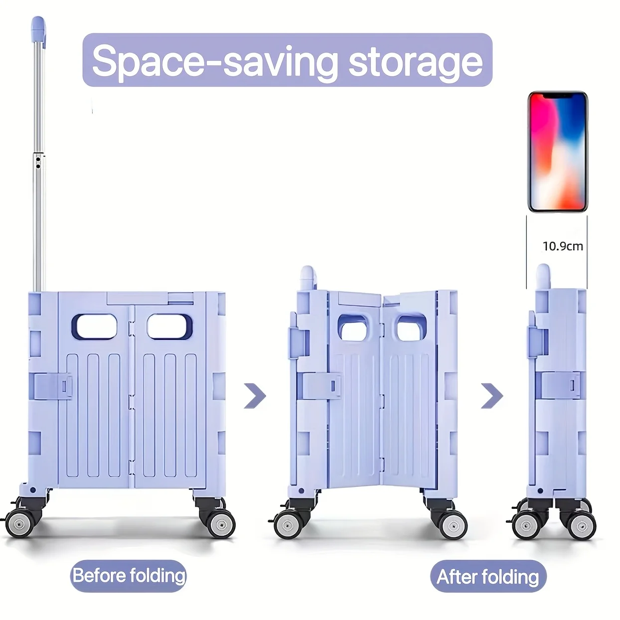 Heavy-Duty Foldable Utility Cart with 360° Swivel Wheels, Collapsible Telescoping Handle, Light Purple Plastic Rolling Crate