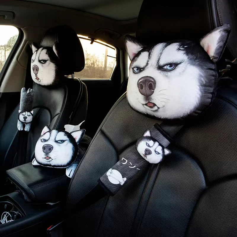 2pcs Vehicle Supplies Dog Head Cushion Cute Cat Head Neck Pillow Anime Headrest Cushion Creative 3D Printed Auto Supplies