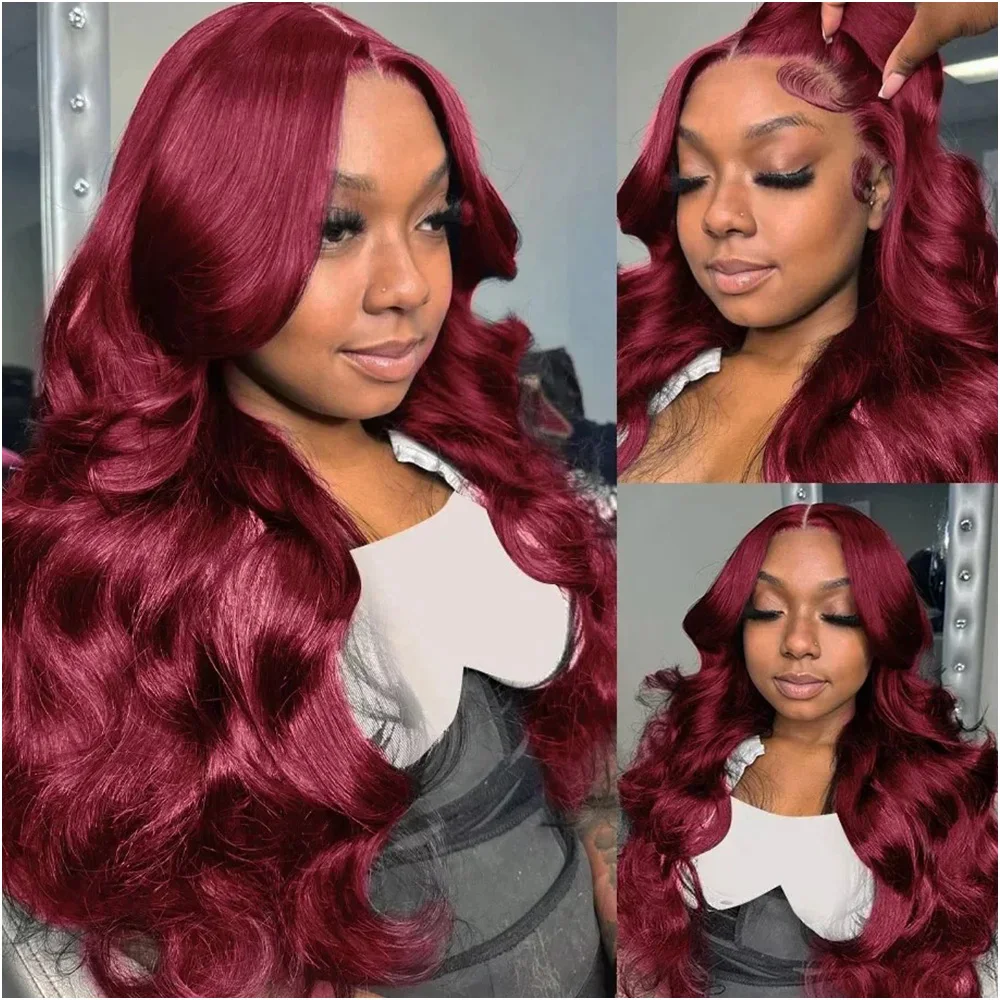 Peluca de cabello humano 100% de color rojo burdeos ondulado, peluca Frontal de encaje HD 13x6, pelucas frontales de encaje rojo 99J 13x4, pelucas de cabello humano de 36 pulgadas