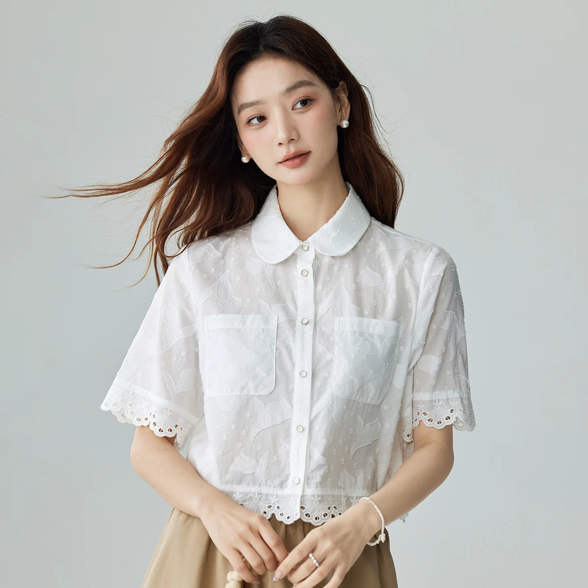 

Inman 2025 Summer New Sle Pure Cotton ort Sve Women's irt Lace Trim Collar Faionable Casual White Blouse