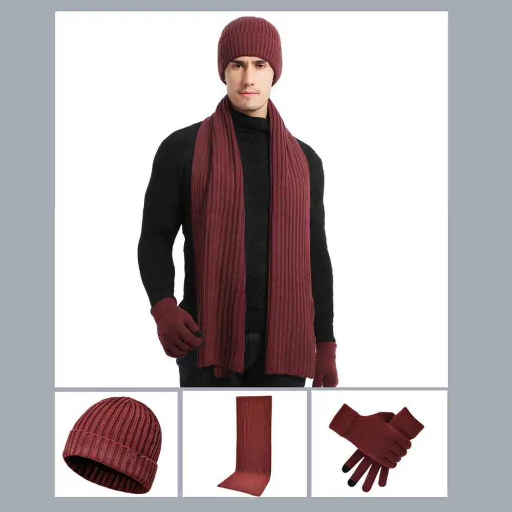 Повседневные утолщенные шапочки, шарф, перчатки, комплект, зимняя теплая шапка-бини на флисовой подкладке, вязаная шапка унисекс, комплект 3 в 1, комплект для женщин и мужчин
