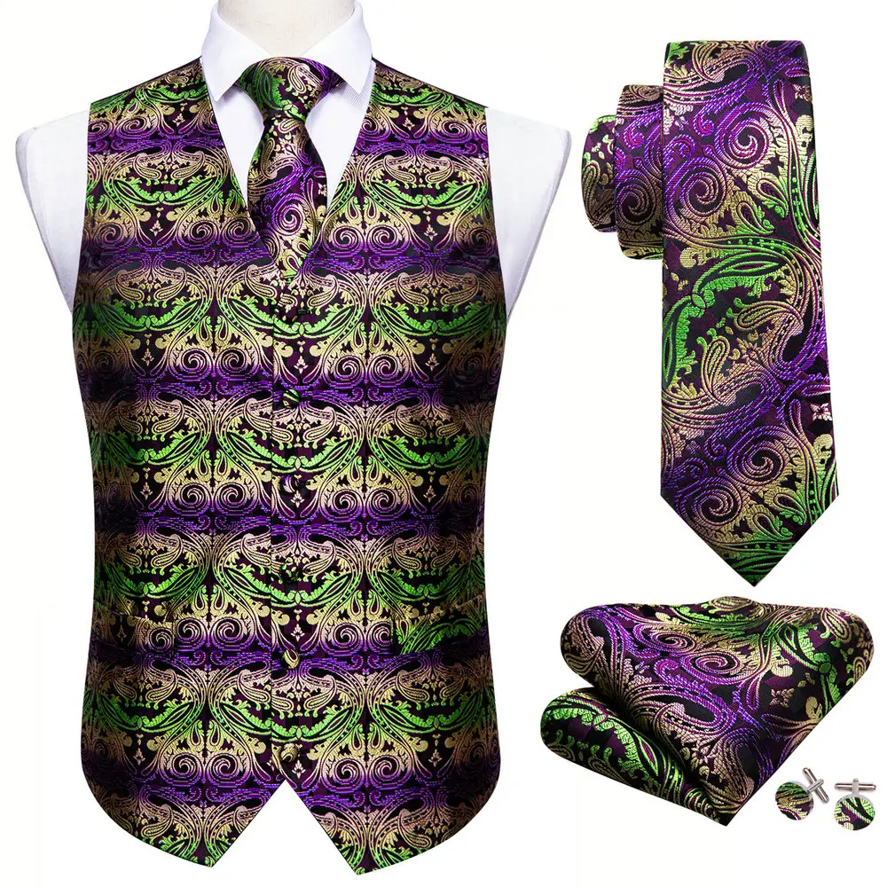 

Purple Silk Vest Waistcoat Men Slim Suit Vest Black Paisley Necktie Handkerchief Cufflinks Tie Vest Business Barry.Wang Design