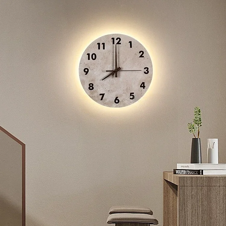 

Yellow Travertine Clock LED Wall Light Retro Wabi-sabi Style Surface Mounted Wall Clock Lamps for Living Room Home Decor