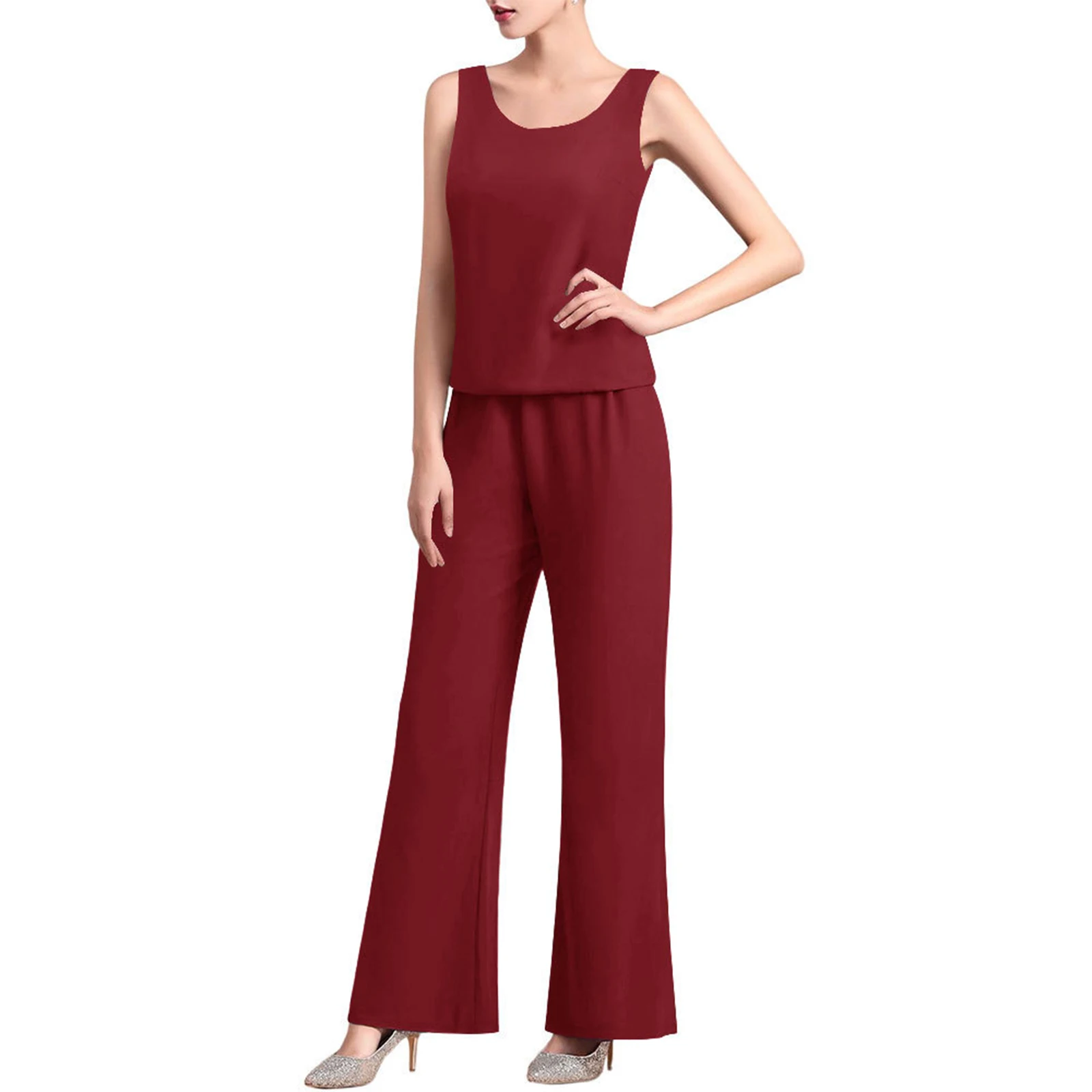 Womens Elegant Chiffon Party Suit Round Neck Tank Top Long Sleeve Open Front Cardigan And Long Pants Solid Color 3-Piece Set