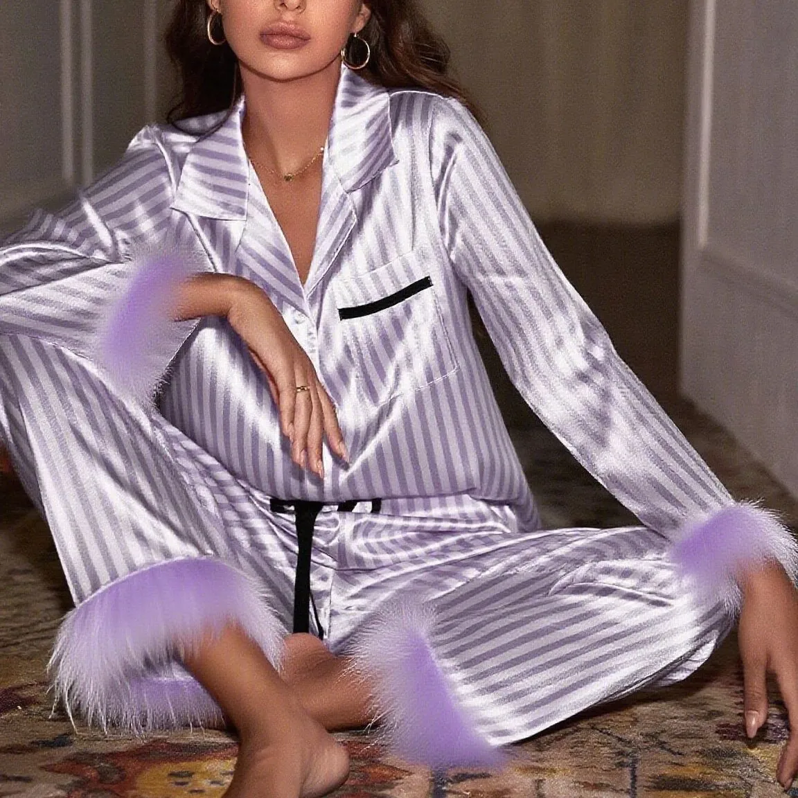 Striped Women's Pajama Set Long Sleeve Long Pants Pajama Set Soft Microfiber Pajama Set Comfortable Home Cozy Sleepwear