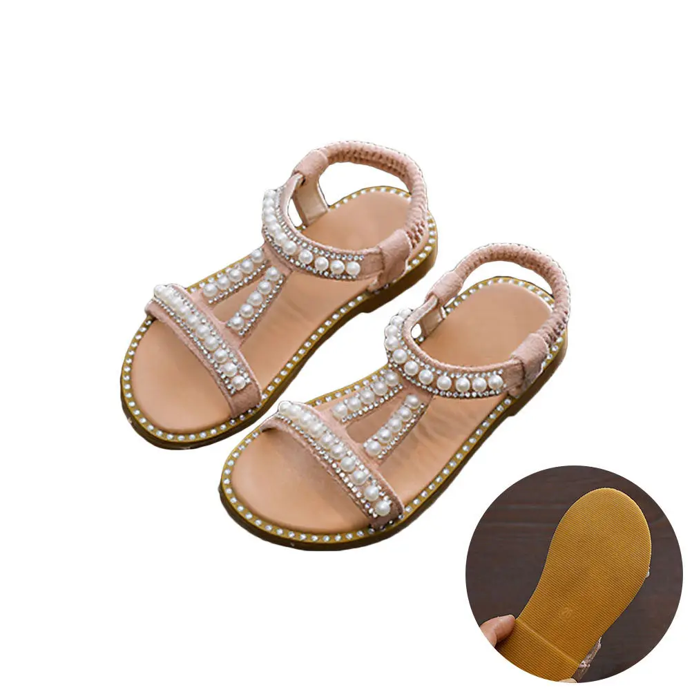 Kids Girls PU Sandals Princess Design Pearl Embellished Breathable Flat Shoes for Summer Parties Birthdays Tutu Outfits