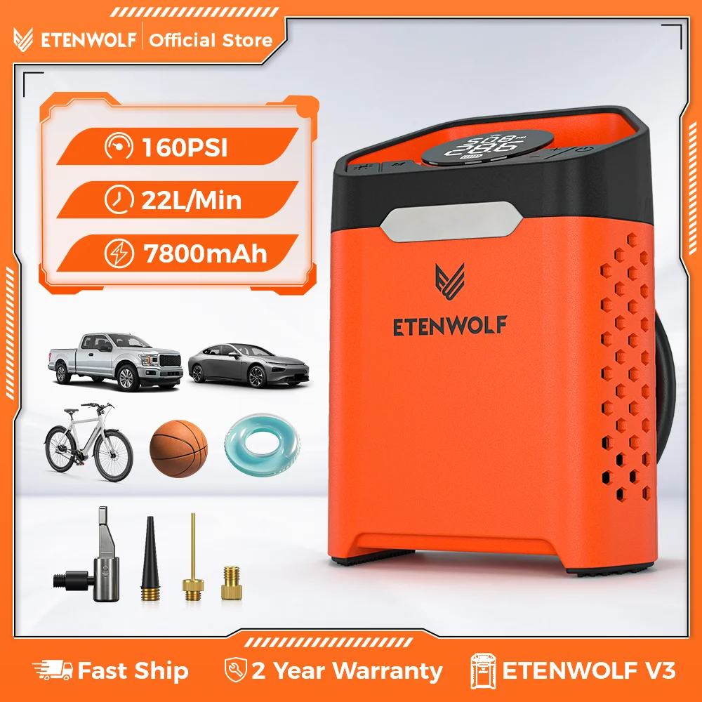 

ETENWOLF ZEPHYR V3 Портативный автомобильный компрессор 160 PSI 100% рабочий цикл Автомобильный насос для шин 7800 мАч Для автомобилей Мотоциклы Велосипедные шарики