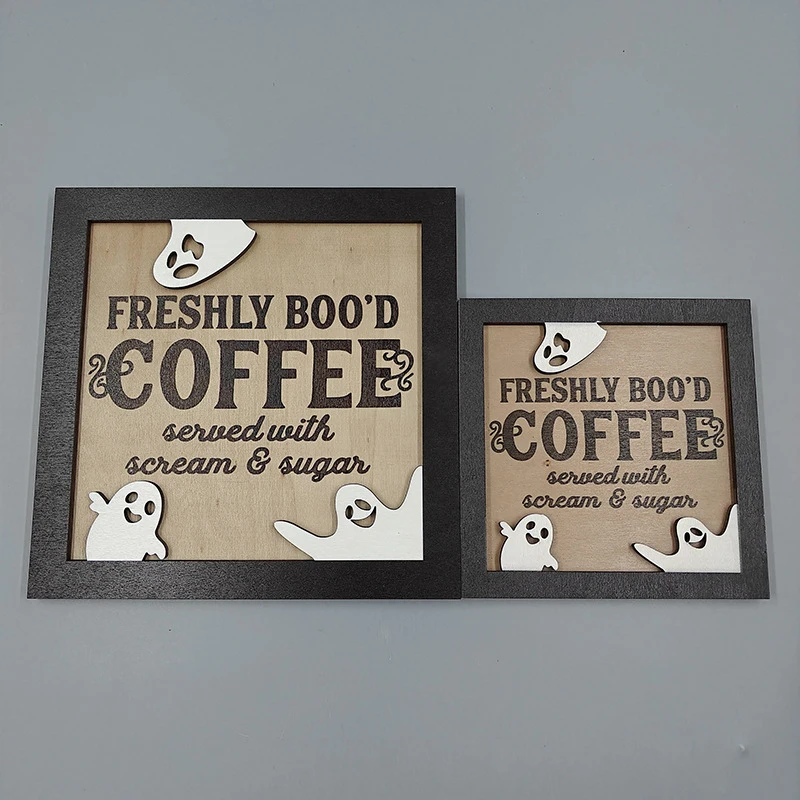 1 Piece 3D Double Wooden Coffee Sign, Fun Halloween Theme 