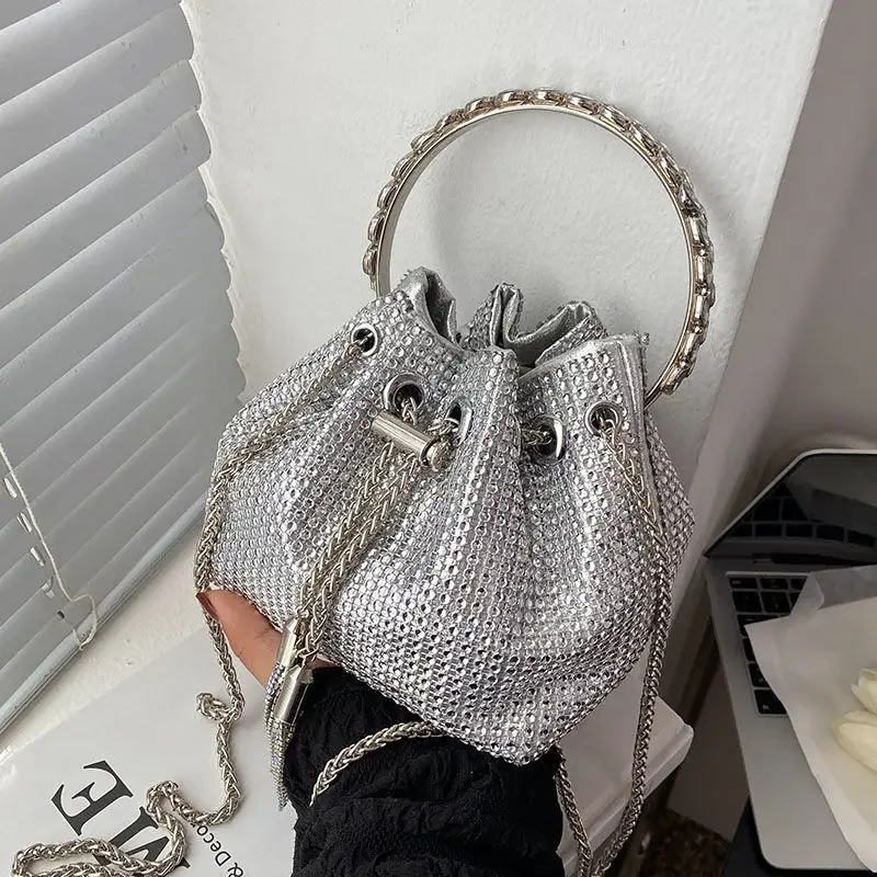 Rhinestone Bag Female Summer Full Diamond Bucket Bag 2024 New Diamond Tassel Handbag Senior Quality Oblique Handbag