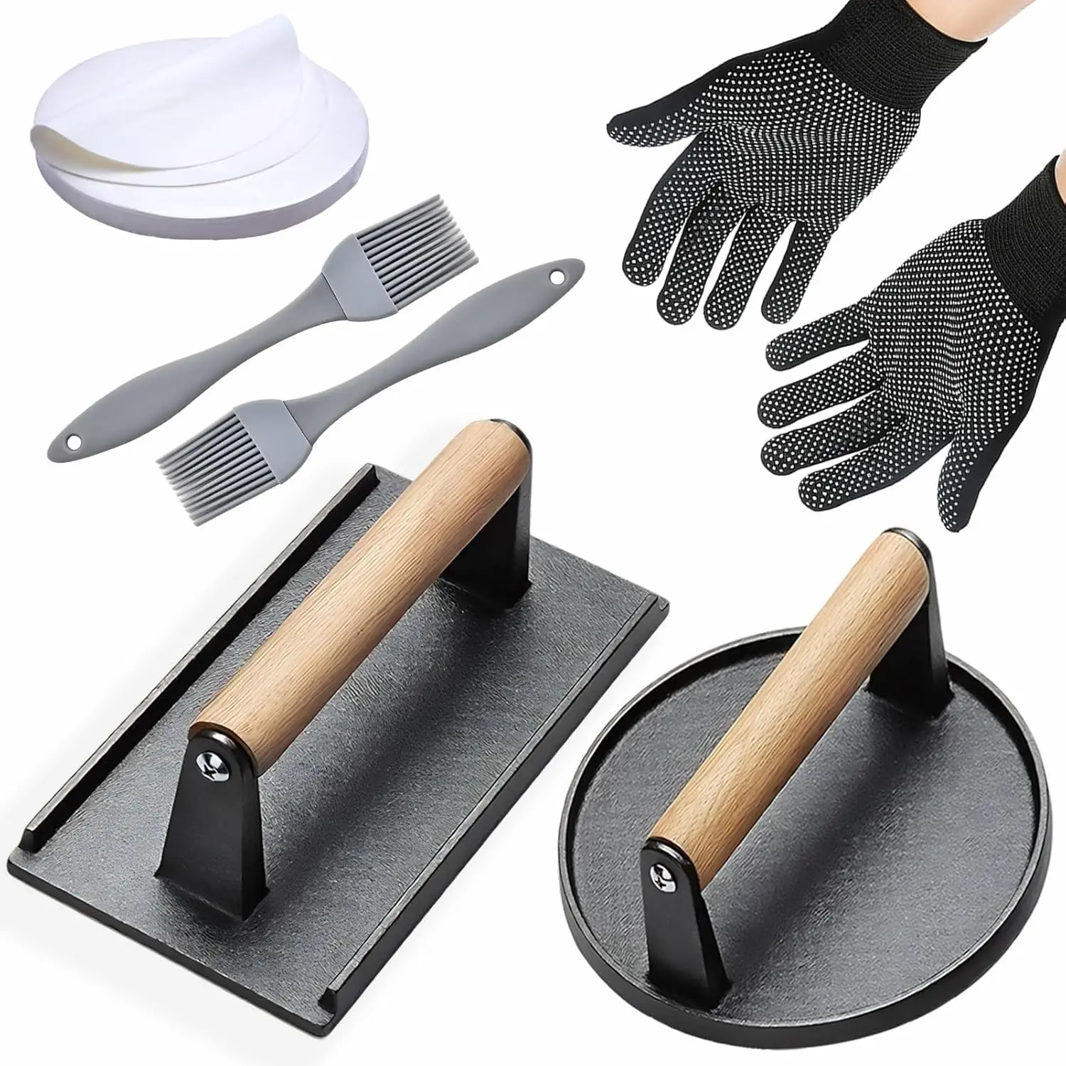 

7,9-дюймовый чугунный пресс для гамбургеров с деревянной ручкой и аксессуарами для гриля для барбекю