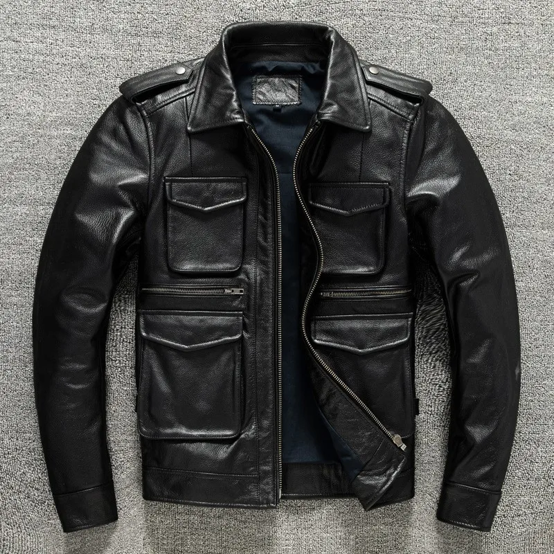 

Workwear top layer cowhide leather for men mid-length lapel