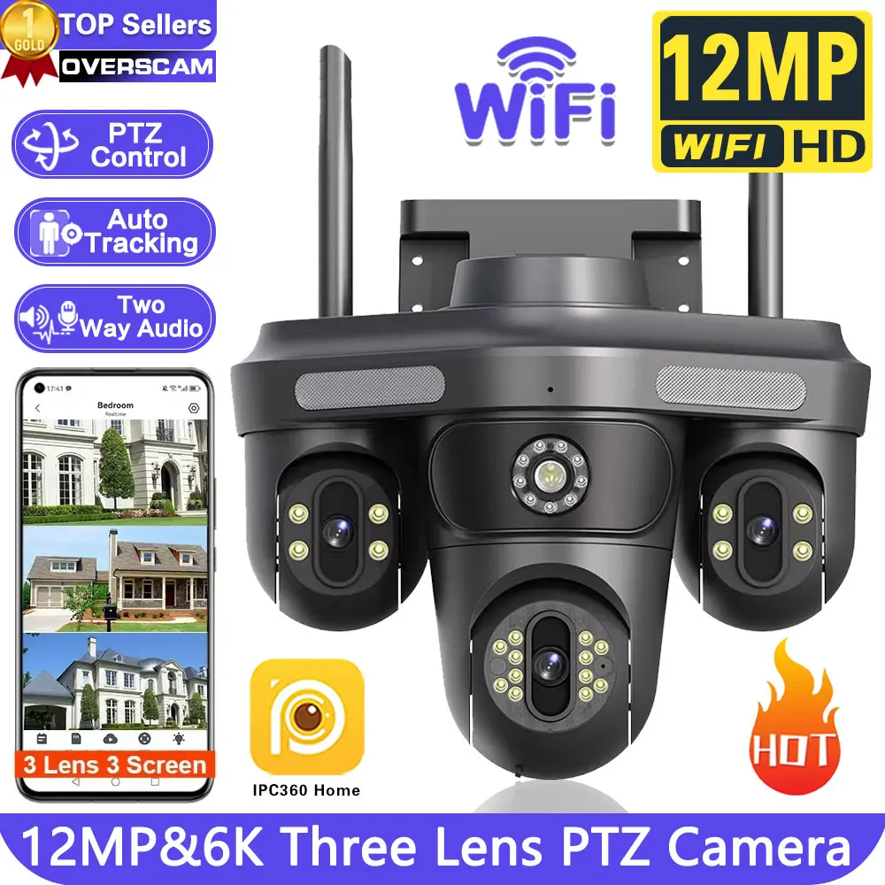 6K 12MP IP Camera WiFi Triple Lens Three Screens Outdoor PTZ Camera Motion Detection Security Video Surveillance CCTV Camera 360