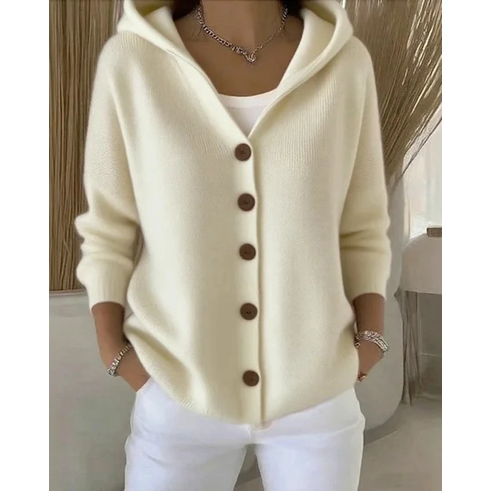 

Women's Solid Color Hooded Knitted Cardigan Autumn Winter Casual Buttoned Sweater Coat Winter Long Sleeve Jackets for Outwear