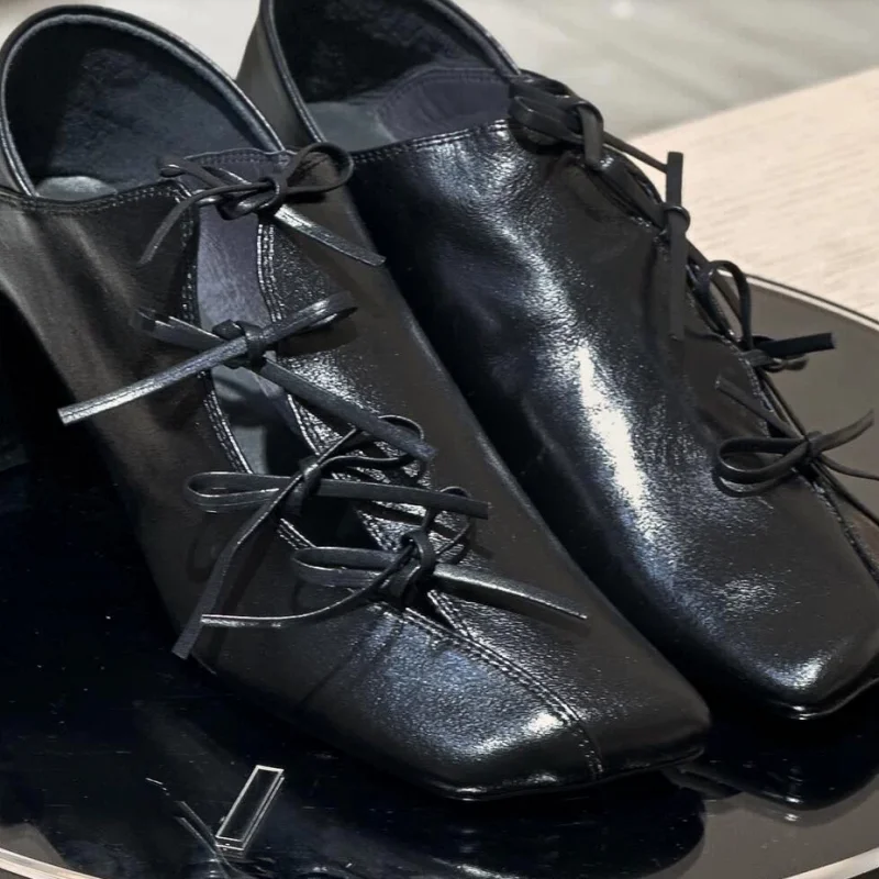 Crossover Strap Shoes for Womens Square Toes Chunky High Heels Shallow Mary Janes Sewing Lines Zapatos De Mujer Hollow Tacones