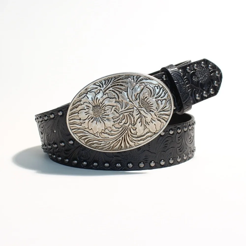 Fashion Leather Heart-Shaped Belt Engraved Buckle Rivet Wide Waistband Belt Rose Metal Dress Waistband Women's Accessories