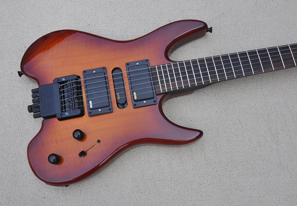 Brown Headless Electric Guitar with Flame Maple Veneer,Rosewood Fretboard,Customized Logo/Color Available