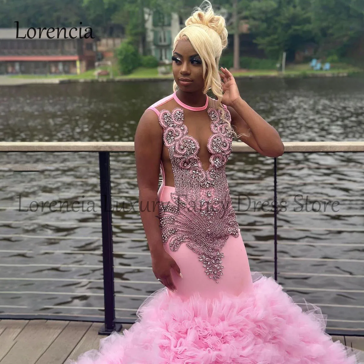 Vestidos de graduación de sirena de diamantes rosas para niñas negras, volantes, Sexy diamantes de imitación, vestidos formales para ocasiones, vestido de fiesta de boda de cristal