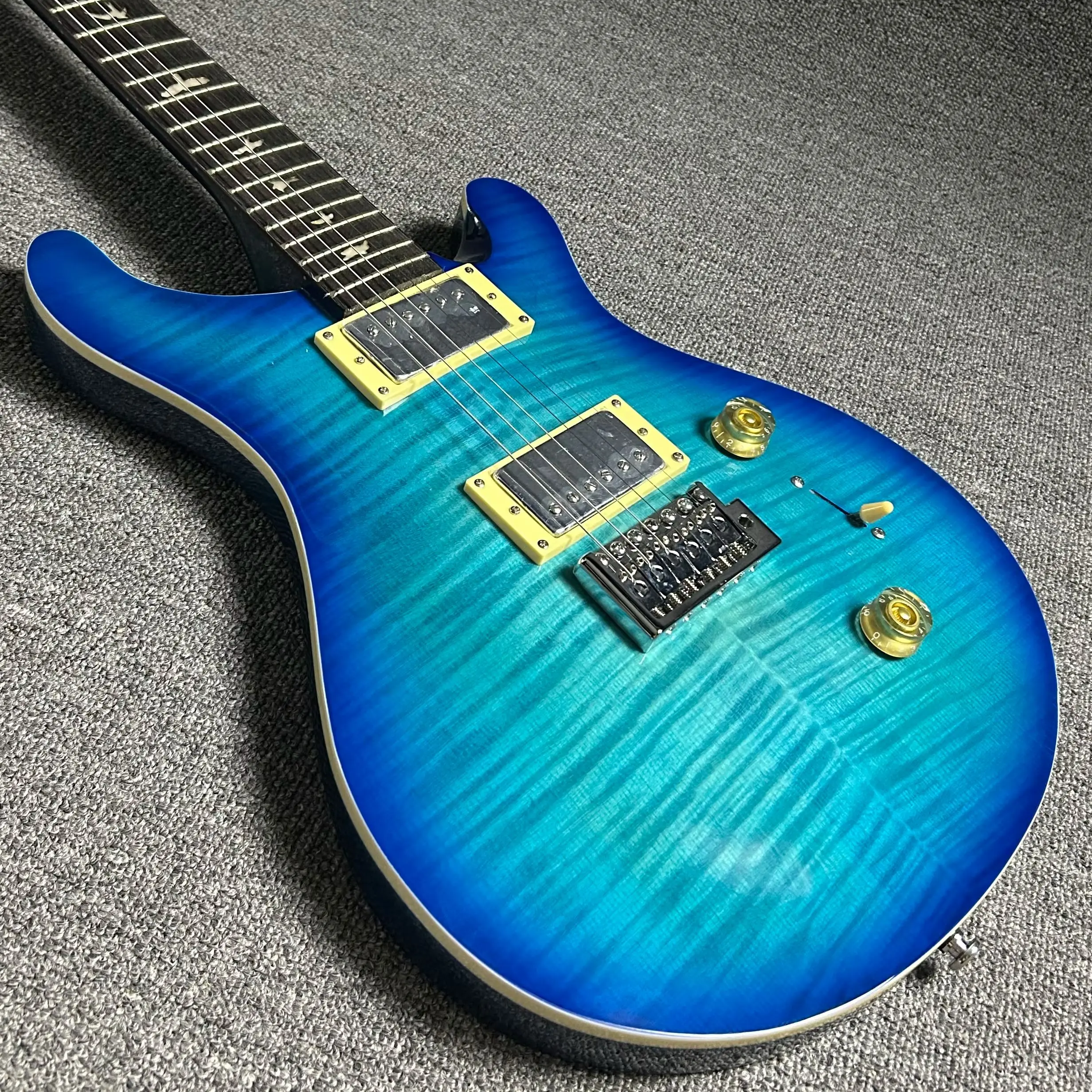 Transparent Blue Electric Guitar Flame Maple Top Rosewood Fretboard HH Pickups