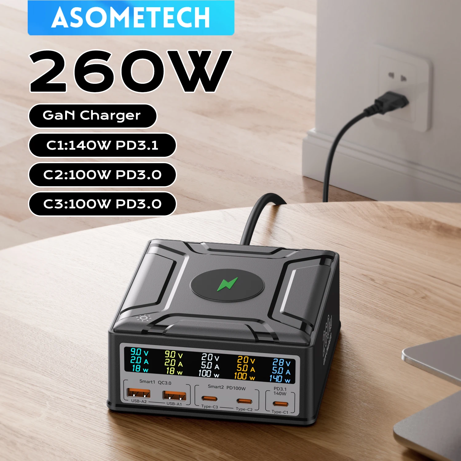 

260W GaN USB C Charger QC3.0 PD3.1 140W USB Type C Fast Charger For Macbook Pro Tablet iPhone 17 Samsung Phone Wireless charger