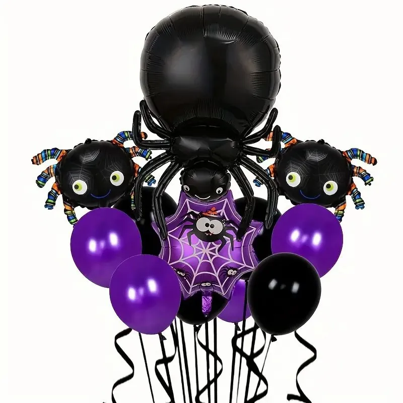 12-teiliges Halloween-Party-Ballon-Set, Spinnennetz, Aluminiumfolie, Luftballons, lila und schwarz, aufblasbare Luftballons, Geschenk