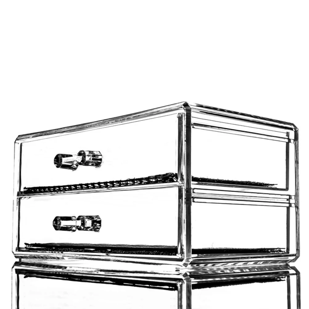 Organizador de joias e cosméticos transparente, 2 camadas, caixa de armazenamento, suporte de maquiagem, gavetas removíveis, acolchoamento de malha, cubo de exibição para decoração