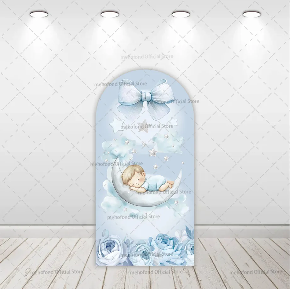 

Двусторонний фон-арка Chiara от Mehofond с синими бантиками, звездами, луной и цветами для дня рождения мальчика и детского праздника (бэби-шауэр)