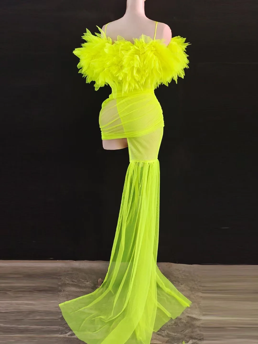 Fluorescentie Groen Gaas Perspectief Sexy Achterjurk Met Handschoenen Voor Vrouwen Modeshow Podiumkostuums Drag Queen Outfits